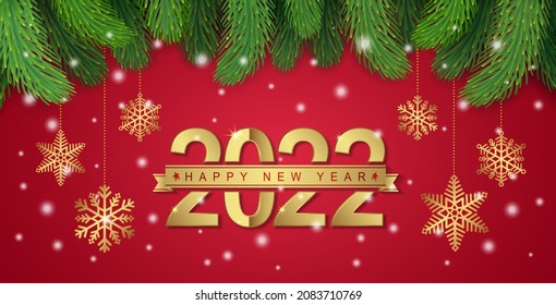 Merry christmas and happy new year 2022 banner template hanging stars, frame and golden glitter balls decoration for flyers, poster, web and card vector illustration