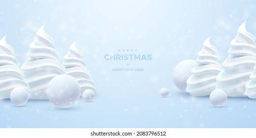 Merry Christmas and Happy New Year. Vector holiday 3d illustration. White minimalist Christmas trees and balls with snowflakes overlay. Abstract modern composition.