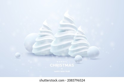 Merry Christmas and Happy New Year. Vector holiday 3d illustration. White minimalist Christmas trees and balls with snowflakes overlay. Abstract modern composition.