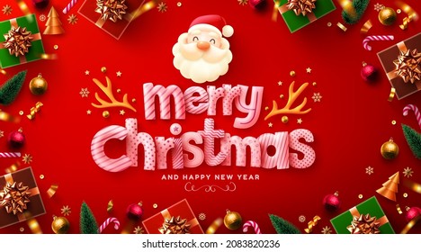 Merry Christmas and Happy New Year Poster or banner with Cute Santa claus,gift box and christmas element on red background.Banner template for Retail,Shopping,New year or Christmas Promotion.