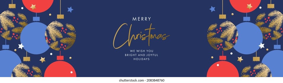 Merry Christmas and Happy New Year banner, web header, poster, holiday cover or card. Elegant Xmas design in blue, red and gold colors with hand drawn pine branches, Christmas balls, snow and confetti