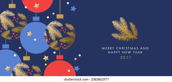 Merry Christmas and Happy New Year greeting card, banner, poster, holiday cover. Elegant Xmas design in blue, red and gold colors with hand drawn pine branches, Christmas balls, snow and star confetti