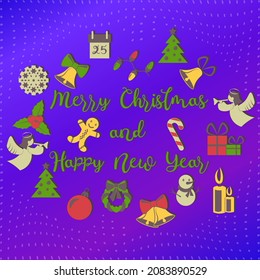 Merry Christmas and Happy New Year greeting card with lettering and gradient blue background