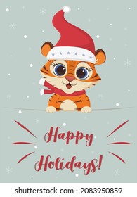 Merry Christmas and Happy New Year greeting card. Cute tiger in a Santa hat and a scarf on a background of snowflakes. Year of the tiger 2022. Cartoon, flat style, vector.