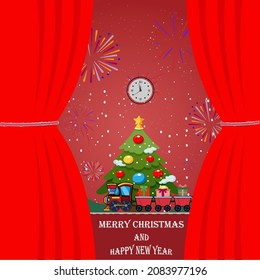 Merry Christmas and Happy New Year, with cute little train and holiday decoration and gifts