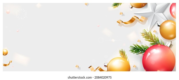 Merry Christmas and Happy New Year background with Origami star, Christmas balls, golden confetti and glowing lights on white background design for greeting card, poster, banner, flyer