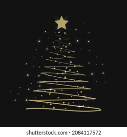 Merry Christmas and a Happy New Year. Gold Christmas tree on black background. Vector Illustration. Can be used for leaflets, posters, business cards or for web.