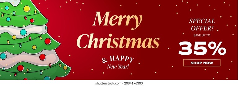 Merry christmas. happy new year. banner. sale. 35 discount. 35 promotion. 35%