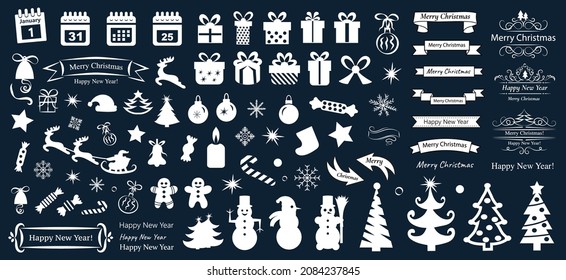 Merry Christmas. Happy New Year. Calligraphy design elements . Decorative swirls or scrolls, icons, vintage frames , flourishes, labels and dividers. Retro vector illustration.