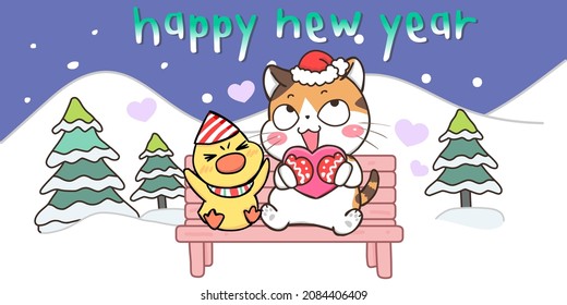 merry christmas and happy new year cartoon cat and duck
