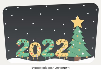 Merry Christmas and Happy New Year 2022 with Christmas tree and falling snow. Vector illustration Eps10.