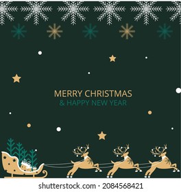 Merry christmas and happy new year illustration poster or flyer, card with reindeer sleigh