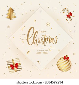 Merry Christmas And Happy New Year Greeting Typography Background With Confetti Snowflake Bowtie Candycane Giftbox Tree And Ball Ornaments In Red Gold Color