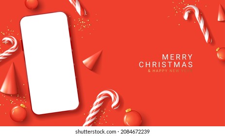 Merry Christmas and Happy New Year banner. Vector illustration with  Christmas composition. Holiday mockup with smartphone with blank screen. Christmas and New Year card with mobile device.