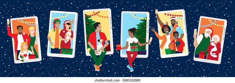 Merry Christmas, Happy New Year  vector banner, family with kids, parents, friends virtual meeting, diverse group of people at online party, celebrating from home. Phone screens, gift box, Santa hat