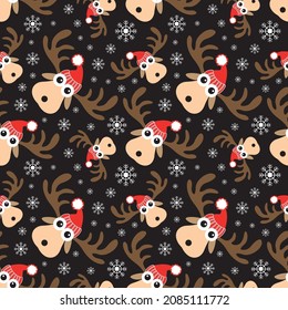 Merry Christmas and Happy New Year poster Cartoon doodle christmas reindeer seamless pattern. Winter holidays vector illustration.