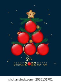 Merry Christmas and Happy new year 2022 vector greeting poster with red Christmas balls, fir tree branches, gingebread cookies aranged in shape of fir tree. Top view table, dark navy blue background