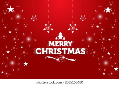 Merry Christmas Happy New Year text with realistic Christmas star red bokeh background