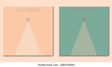 Merry Christmas and Happy New Year Card with Zig-Zag Lines and waves that Forms Christmas Tree. Vector Illustration in cozy colors. EPS10 With Layers.