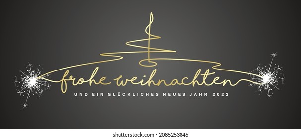 Merry Christmas and Happy New Year 2022 German language gold handwritten lettering tipography and abstract line design christmas tree sparkle firework white black greeting card