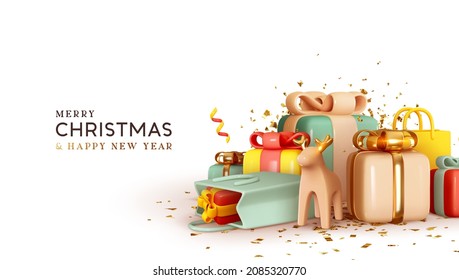 Merry Christmas and Happy New Year background. Realistic 3d design of Christmas Pile of colorful gift boxes, present box, bag gifts surprise. Holiday banner, poster, greeting card. Vector illustration