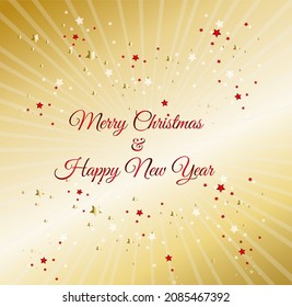 Merry Christmas And Happy New Year Greetings Typography With Stars And Sunburst In Gold Red Color