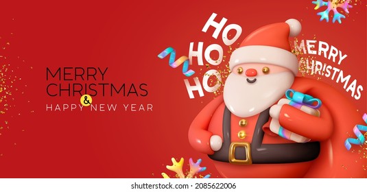 Frohe Weihnachten und glückliches neues Jahr. Realistischer 3D-Cartoon Santa Claus mit lustigem Lächeln, mit roten Tüten von Geschenken. Weihnachtsfeiertag, Hintergrund. Grußkarte, Banner, Webposter. Vektorgrafik