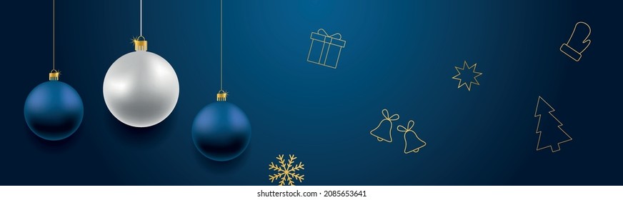 Merry Christmas and Happy New Year vector banner. Realistic rose gold and blue baubles, snowflakes hanging on dark blue background with realistic garland.