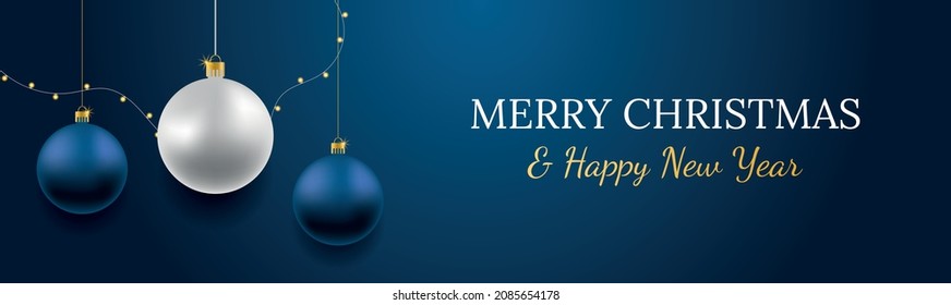 Merry Christmas and Happy New Year vector banner. Realistic rose gold and blue baubles, snowflakes hanging on dark blue background with realistic garland.