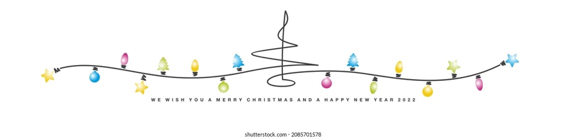 Merry Christmas and Happy New Year 2022 handwritten Christmas tree line design pattern colorful Christmas element sign lights star ball tree bulb white isolated background vector