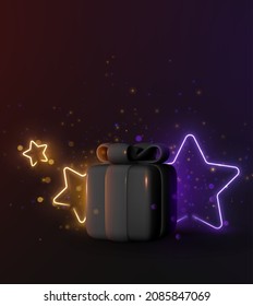 Merry Christmas and Happy New Year. Realistic black gift box and neon glowing stars from garlands. Xmas holiday background. Vector illustration