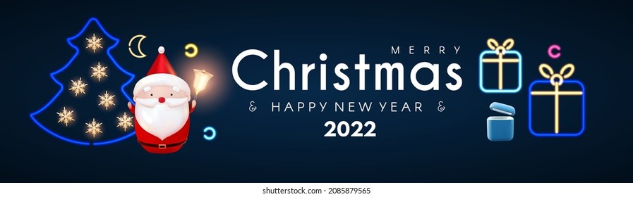 Merry Christmas and Happy New Year Holiday background with 3D Santa, fir tree, gifts, golden bell and neon light effect. Super season offer with lights.