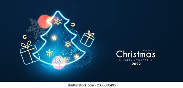 Merry Christmas and Happy New Year Holiday background with neon gift box, fir tree branch, bokeh effect and lights.