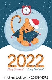 Merry Christmas and Happy New Year Postcard. Cute tiger sleeping on a pillow. Cartoon. Vector illustration.