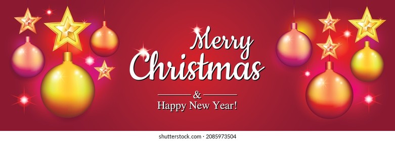 Merry Christmas and Happy New Year festive banner. Modern design of Christmas balls of stars and decorations. Abstract background with glow. Template vector illustration