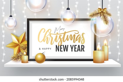 Merry Christmas and happy New Year poster with christmas holiday decorations. Chrisrmas background with string of lights. 3D interior design with black frame on white walll shelf.