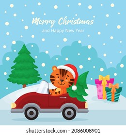 Merry Christmas and Happy New Year greeting card with a tiger in Santa hat rides in a red car with an open top and Christmas tree, gift boxes. Cartoon winter landscape with falling snow.