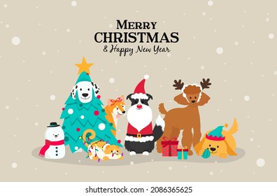 Merry Christmas and Happy New Year Greeting Card Vector illustration. Cute dogs and cat in Christmas pet costume