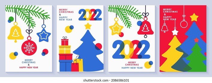 Merry Christmas and Happy New Year 2022 set greeting cards, posters, holiday covers. Modern Xmas design in blue, red, yellow, green and white colors. Christmas tree, fir branch, balls, gifts elements