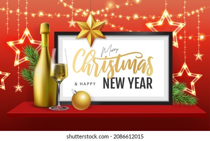 Merry Christmas and happy New Year poster with christmas holiday decorations. Chrisrmas background with string of lights. 3D interior design with black frame on red walll shelf.