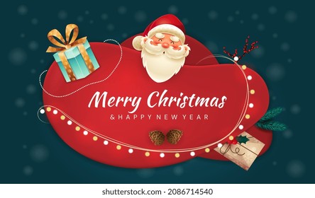 Merry Christmas and Happy New Year concept. Colorful poster with Santa Claus, gift box, garland and inscription. Cute design element for greeting card or poster. Cartoon flat vector illustration