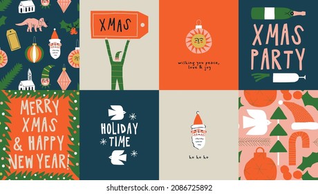 Merry Christmas Happy New year vintage greeting card cartoon collection. Funny xmas party invitation template set, quirky winter holiday poster and wallpaper bundle.