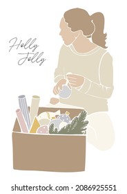 Merry Christmas and Happy New Year. Christmas greeting card in the style of minimalism. The woman is packing gifts. Scandinavian design. Happy holiday. Vector flat illustration on a white background