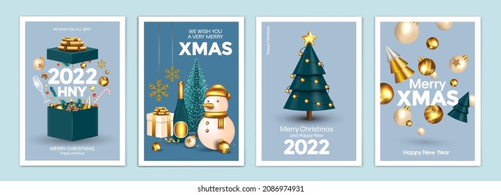 Feliz Navidad y Feliz Año Nuevo, tarjetas de felicitación, afiches, portadas de fiestas. Diseño con la víspera de Año Nuevo realista y adornos navideños. Plantillas festivas Vector Illustration Xmas