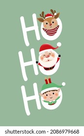 Merry Christmas and happy new year 2022 greeting card with cute Santa Claus, little elf  and deer. Holiday cartoon character in winter season. -Vector