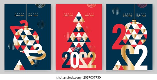 Merry Christmas and Happy New Year 2022, greeting cards, posters, holiday banners set. Modern Xmas design with triangle firs pattern in red ,blue , gold, white colors. Christmas tree, ball, decoration