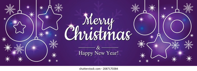 Merry Christmas and Happy New Year festive banner. Flat design of Christmas balls and snowflakes. Abstract background with glow and geometric shapes. Template vector illustration.