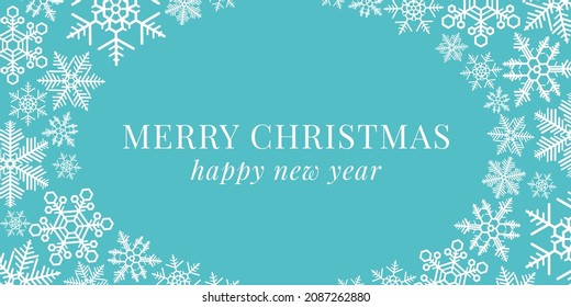 Merry christmas and happy new year banner. White snowflake frame pattern. Blue abstract background. Design elements for backdrop, wallpaper, wall, card, cover, poster. Vector illustration.