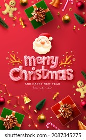 Merry Christmas and Happy New Year Poster or banner with Cute Santa claus,gift box and christmas element on red background.Banner template for Retail,Shopping,New year or Christmas Promotion.