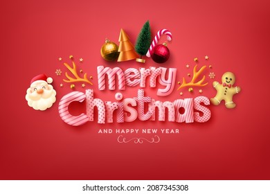 Merry Christmas and Happy New Year Poster or banner with Santa claus,Gingerbread Men and christmas element on red background.Banner template for Retail,Shopping,New year or Christmas Promotion.